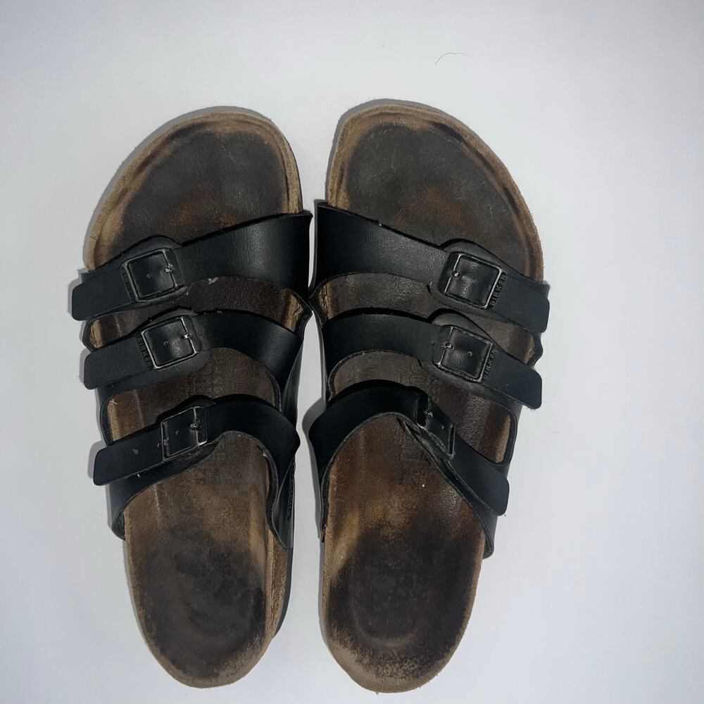 Birkenstock Florida Black Leather Buckle Used Triple Strap Sandals Size 42 - Picture 3 of 16